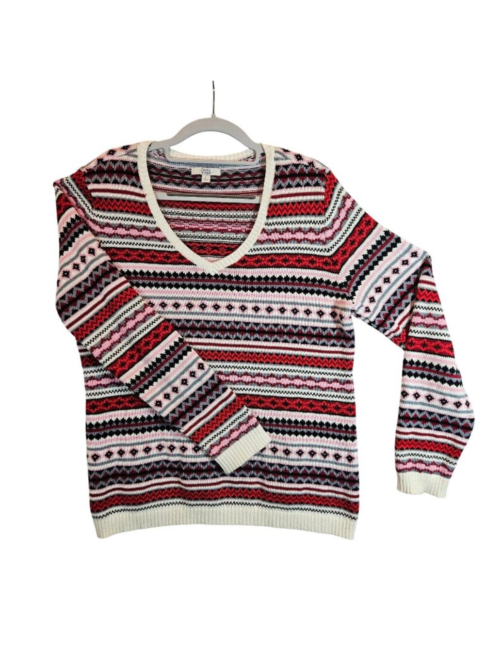 Croft & Barrow Womens V-Neck Fair Isle Sweater L Red Pink Black Cotton Blend